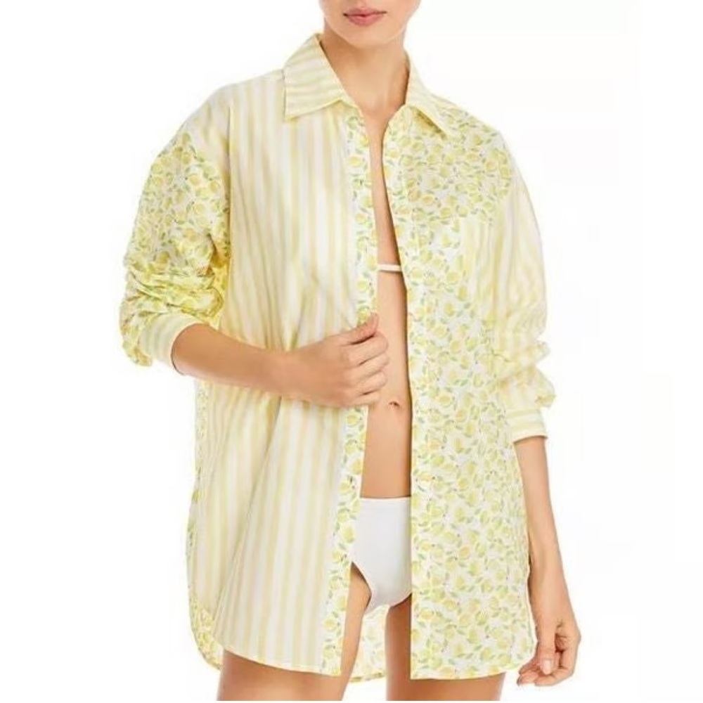 SOLID & STRIPED Lemon Stripe and Floral Button-Front Tunic